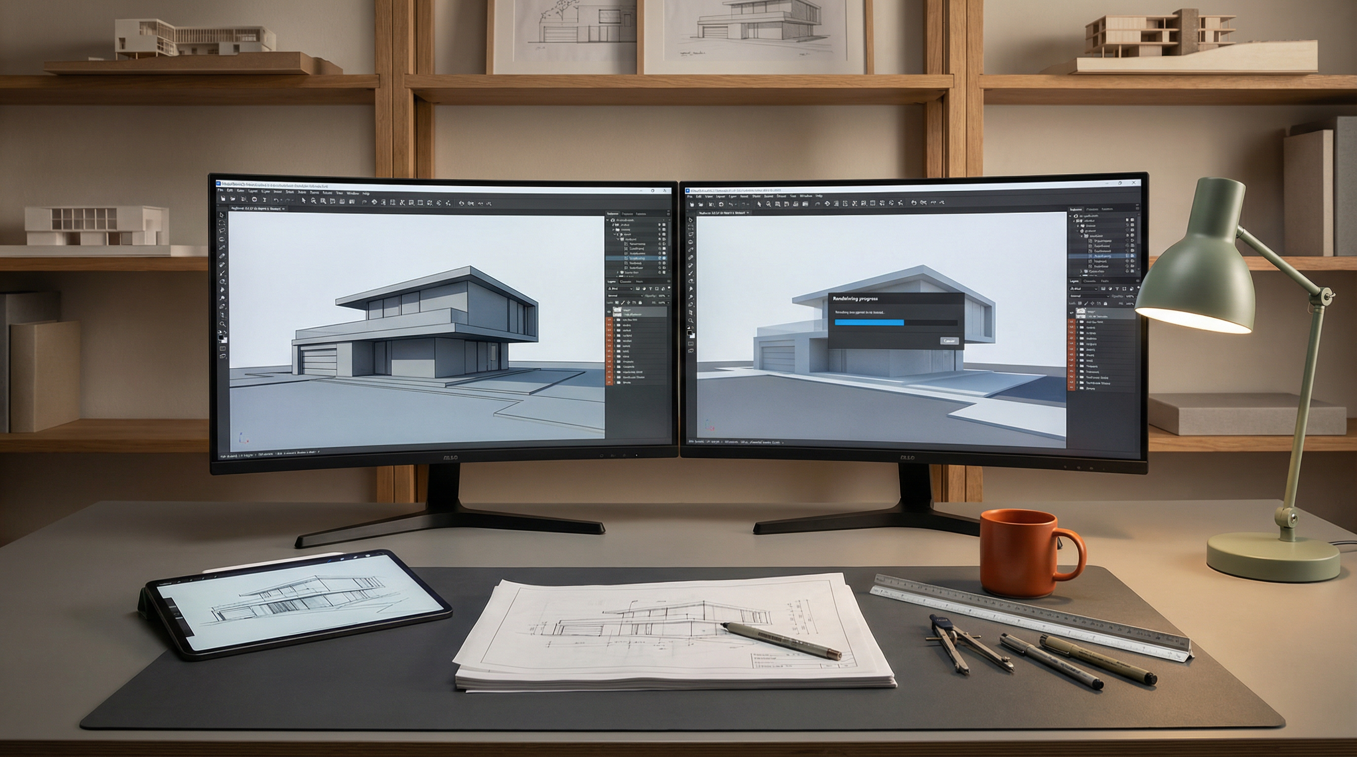 Moderner Architektur-Arbeitsplatz mit Rendering-Software